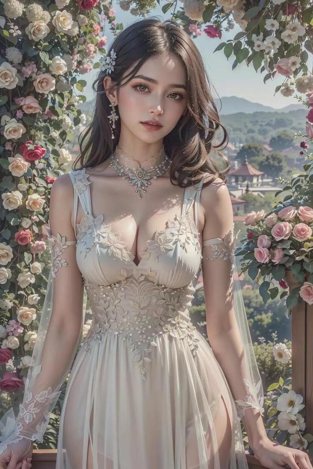 AI美女——花园里的长裙少女