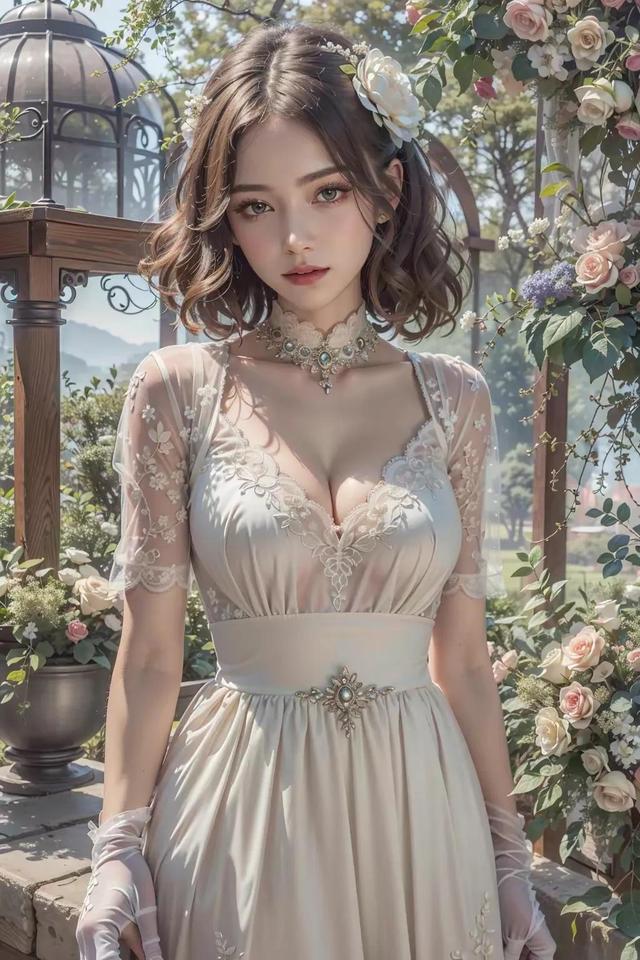 AI美女——花园里的长裙少女