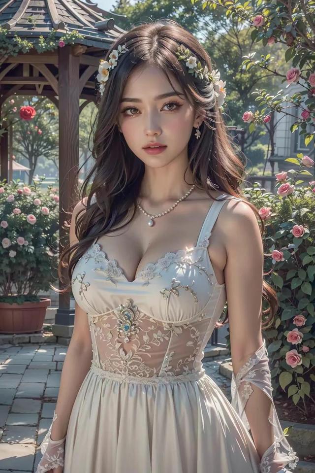 AI美女——花园里的长裙少女