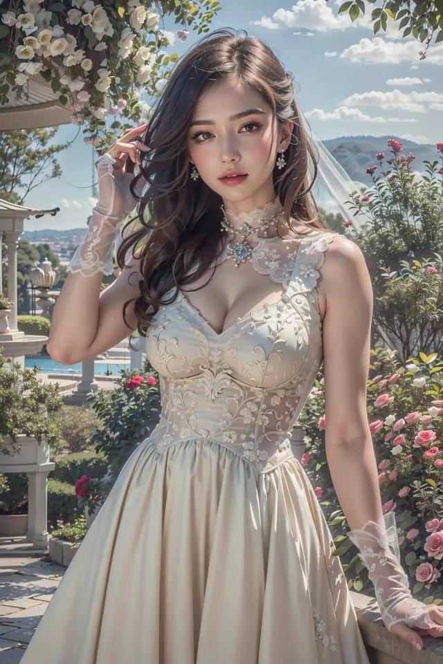 AI美女——花园里的长裙少女