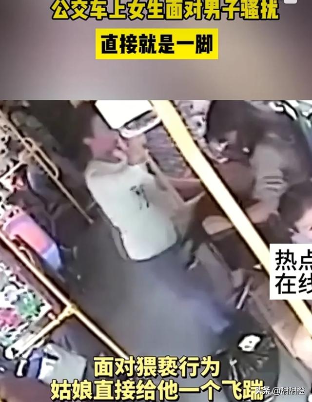 公交车上男子隐秘骚扰女乘客，女乘客霸气扫裆腿，飞踹还击