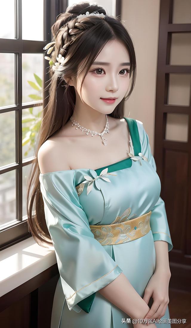 AI绘画：粽叶绿蕾丝刺绣汉服美女，恭祝大家端午安康