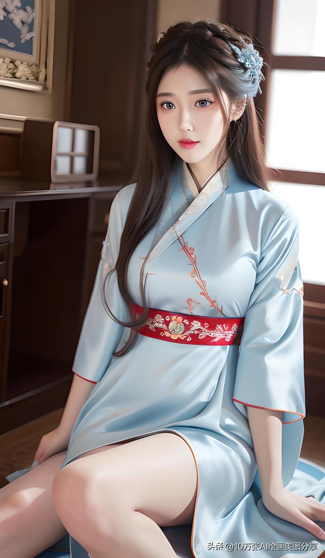 AI绘画丨浅蓝色美丽刺绣汉服气质美女