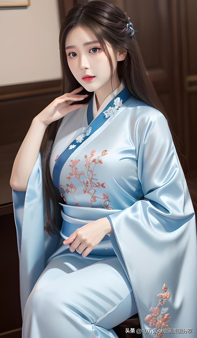 AI绘画丨浅蓝色美丽刺绣汉服气质美女