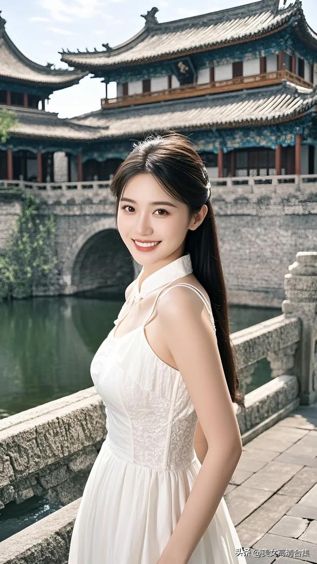 青州古城：美女婀娜桥边立，笑靥如花映翠薇