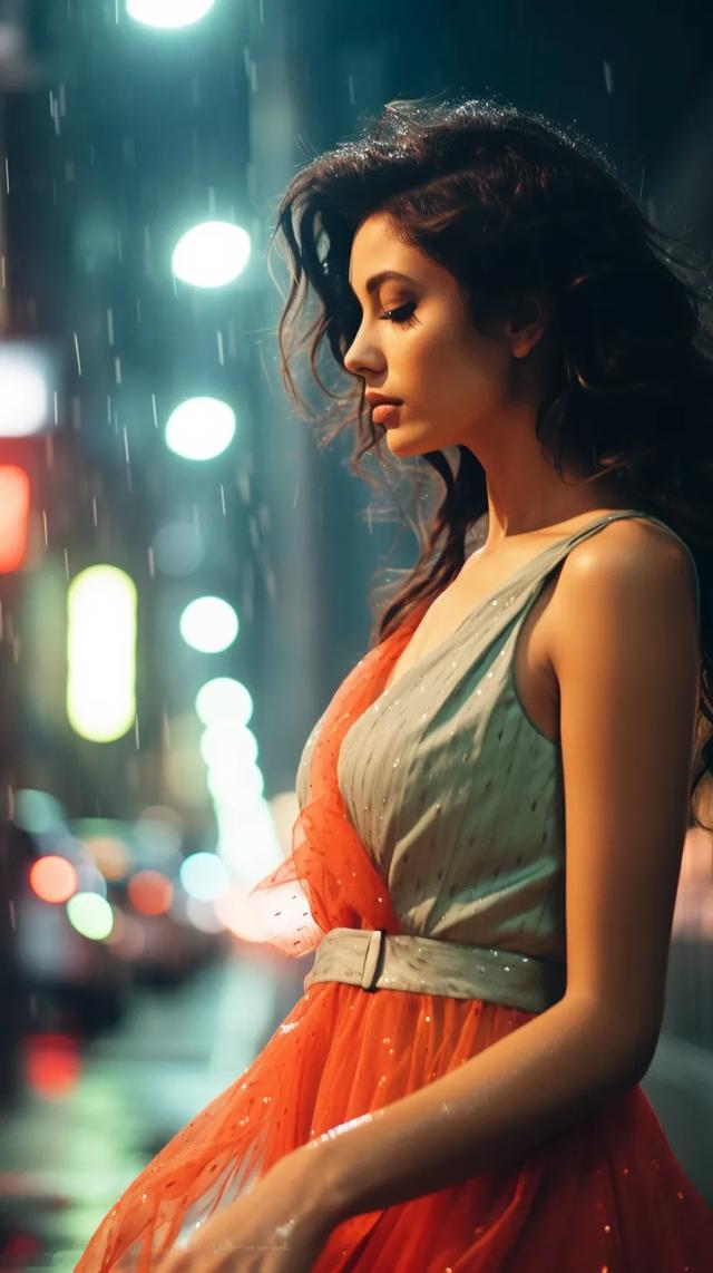 AI美女写真图，雨夜中的诱惑，那抹婉约动人的唯美风景线